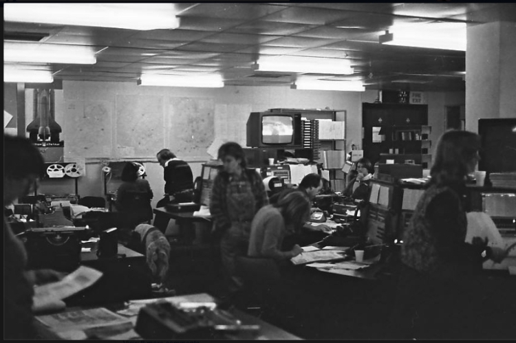 The IRN intake news desk in 1982