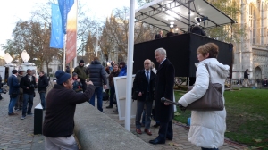 Max Mosley deftly negotiates with a heckler outside Leveson Report building